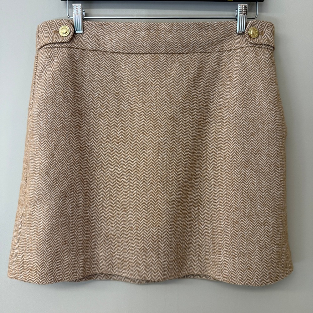 J.Crew Womens Brown Herringbone Mini Skirt Wool Blend 14 Academia Gold Button